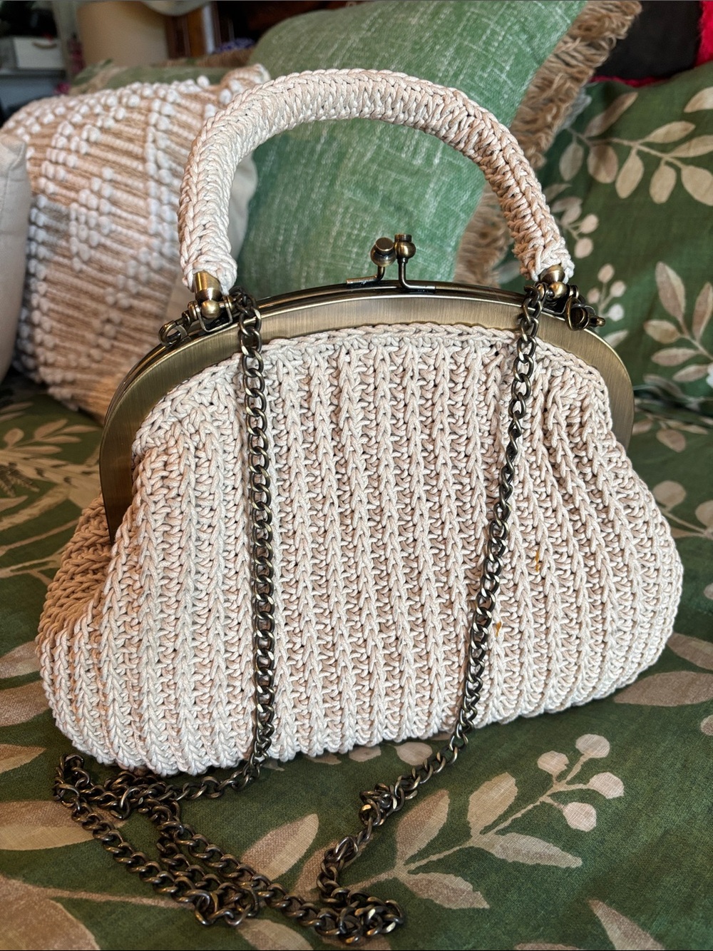 PATRICIA NASH Cream Woven Top-Handle Bag with Chain Strap